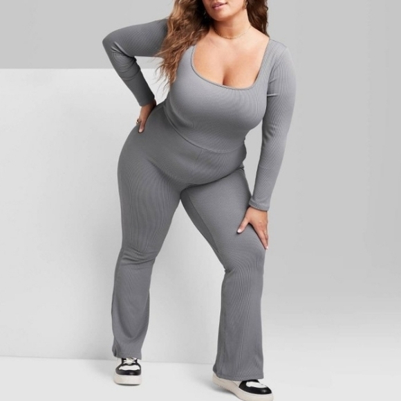 Wild Fable Womens Long Sleeve GRAY Ribbed Jumpsuit Flared Leg - Picture 10 of 10